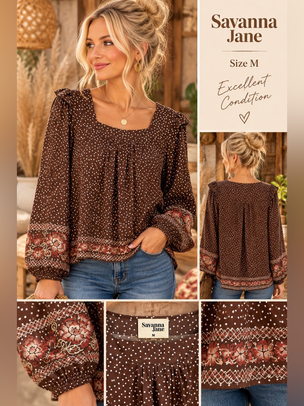 Savanna Jane Brown Polka Dot Floral Embroidered Border Boho Blouse Size M